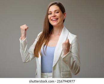 Female Power Concept Portrait With Woman In White Suit, Studio Isolated.
