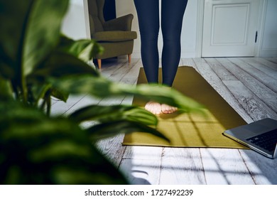 Female Practicing Yoga In Quarantine At Home. National Yoga Day. Healthy Living In Lockdown. Using For Meditation Palo Santo Sticks.