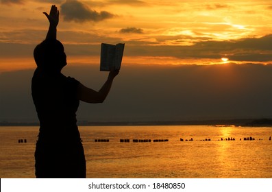 Female Praying Bible Against Summer Sunset Stock Photo 18480850 ...