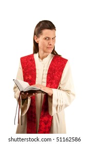 Female preacher with Bible and holy garments