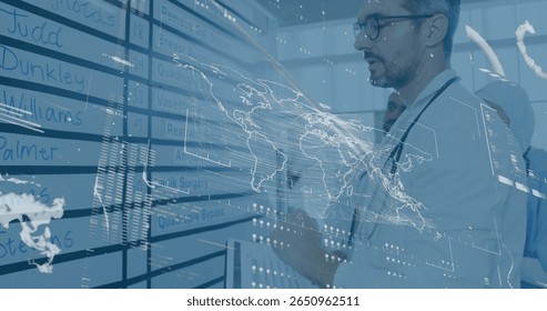 Female professional pointing at planning board in business meeting, with world map data overlay. Corporate, collaboration, innovation, technology, multinational, data visualization, leadership - Powered by Shutterstock - Get 15% off with code: PIKWIZARD15