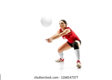 Female professional volleyball player isolated on white with ball. The athlete, exercise, action, sport, healthy lifestyle, training, fitness concept - Powered by Shutterstock