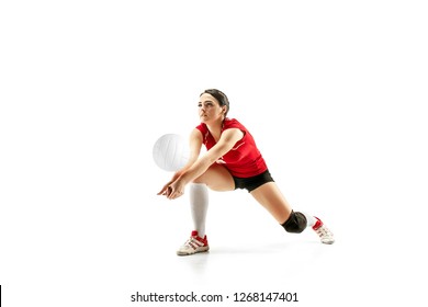 Female Professional Volleyball Player Isolated On White With Ball. The Athlete, Exercise, Action, Sport, Healthy Lifestyle, Training, Fitness Concept