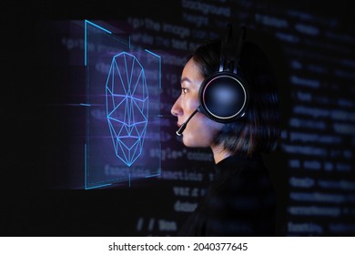 Female programmer scanning her face with biometric security technology on virtual screen digital remix