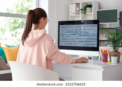 Female programmer working with computer at desk in office, back view