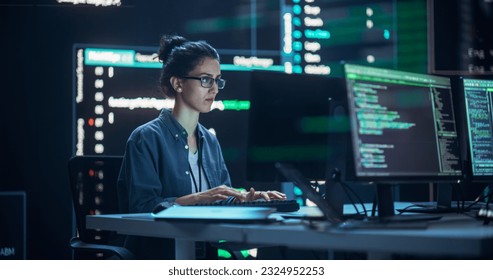 Female Programmer Working in Monitoring Control Room, Surrounded by Big Screens Displaying Lines of Programming Language Code. Portrait of Woman Creating Software. Abstract Futuristic Coding Concept