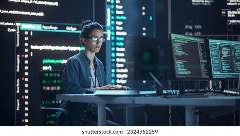 Female Programmer Working in Monitoring Control Room, Surrounded by Big Screens Displaying Lines of Programming Language Code. Portrait of Woman Creating a Software. Futuristic Coding Concept.