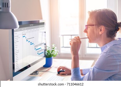 Female Project Manager Using Gantt Chart Schedule To Organize Tasks And Update Planning On Computer Screen With Software