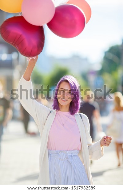 Female Purple Hair White Cardigan Pink Royalty Free Stock Image