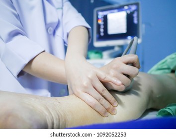 The female radiologist do Augmentation test in posterior tibial  - Shutterstock ID 1092052253