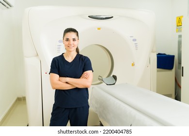 Female Radiologist Smiling While Waiting For A Patient For Medical Test Or Cat Scan At The Imaging Laboratory