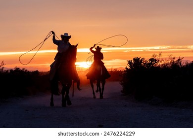 Female ranch hands, or cowgirls, riding horses in the sunset on a ranch in Arizona, USA. Swinging lariats.