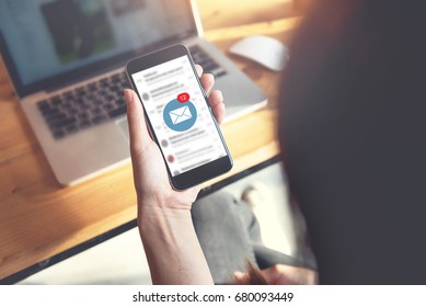 Female recieve inbox view the pending e-mail communication, New messages on mobile smartphone. - Shutterstock ID 680093449