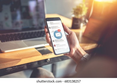 Female recieve inbox view the pending e-mail communication, New messages on mobile smartphone. - Shutterstock ID 683138257