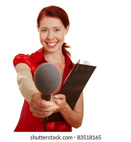 Female Reporter Doing A Survey With Microphone And Clipboard