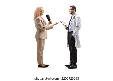 Female Reporter Interviewing A Male Doctor Isolated On White Background