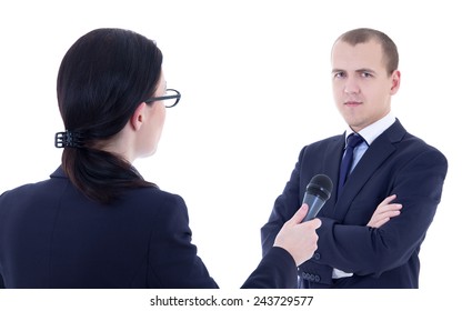 Female Reporter With Microphone Taking Interview And Business Man Isolated On White Background