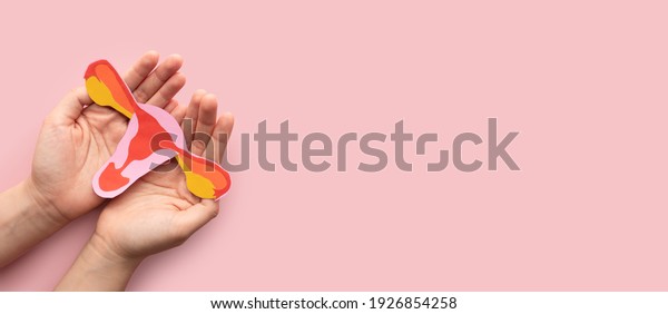 Female\
reproductive health concept. Woman hand holding uterus shape made\
frome paper on pink background. Awareness of uterus illness such as\
endometriosis, PCOS, STDs or gynecologic\
cancer.