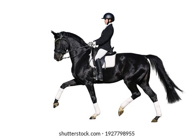 Female rider on black dressage horse isolated - Powered by Shutterstock