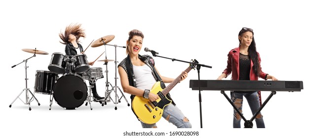 Female Rock Band With A Drummer, Guitarist And A Keyboard Player Isolated On White Background