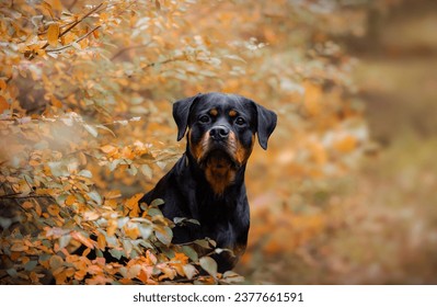 Female rottweiler sitting in autumn bushes, orange and red colors of nature, blurry background  - Powered by Shutterstock