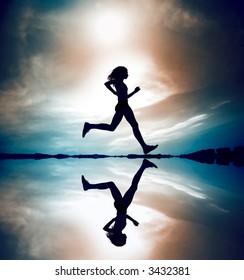 Female Runner Silhouette Is Mirrored Below With A Soft Pastel Sunset Sky As Backdrop