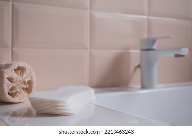 Female Sanitary Pads On The Bathroom Table. Feminine Hygiene Products. Selective Focus, Copy Space