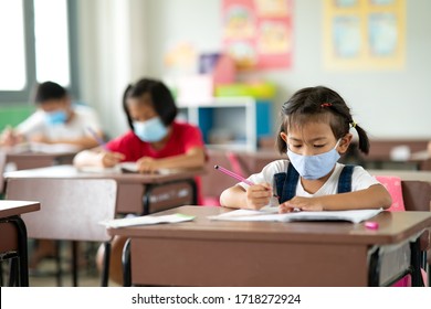 A Female Schoolgirl Wears A Mask To Prevent Illness. Covid 19 In The Classroom