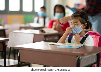 A Female Schoolgirl Wears A Mask To Prevent Illness. Covid 19 In The Classroom