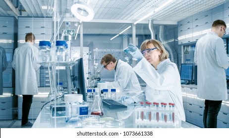 Female Scientist Analyzes Liquid in the Beaker and Types Down Observations on Her Computer. She's Working in a Busy Laboratory Full of Scientists Conducting Experiments. - Powered by Shutterstock