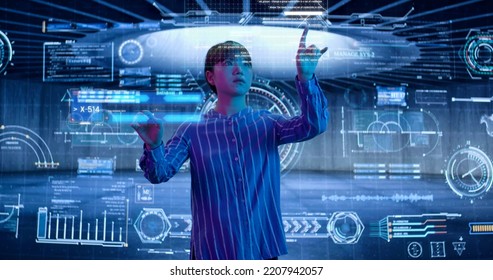 Female Scientist Analyzing A Digital Data, Touching An Invisible. Holographic Screen. Asian Woman, Business Reviews The Statistics And Moving Animated Virtual Graphs And Table Data. High Quality 4k