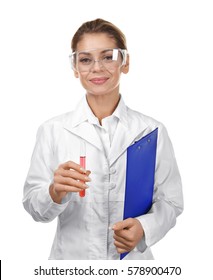 Female Scientist With Clipboard And Glass Tube On White Background