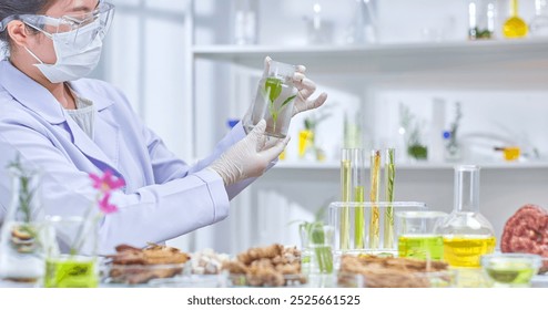 A female scientist examines glass jar filled with green leaves and water. Surrounding her are various laboratory equipment, including test tubes, flasks, and petri dishes, filled with herbs and roots. - Powered by Shutterstock