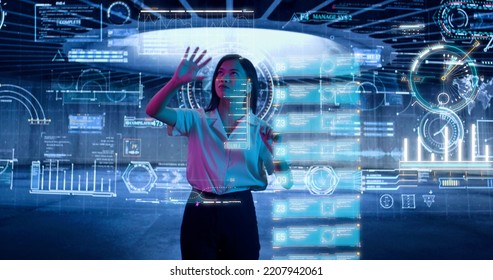 Female Scientist Exploring And Analyzing A Digital Data, Touching An Invisible Holographic Screen. Asian Woman, Business Reviews The Statistics And Moving Animated Virtual Graphs And Table Data. High