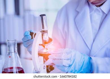 Female Scientist Look At Microscope, Science Test Tube Analyse Scientific Sample In Laboratory Research Experiment Biotech Make Cultivate Vaccine Against Virus. Chemistry Science Laboratory Concept