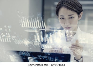 Female scientist looking futuristic GUI. - Powered by Shutterstock - Get 15% off with code: PIKWIZARD15
