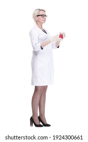 Female Scientist Looking At Liquid In A Lab Flask . Isolated On A White Background.