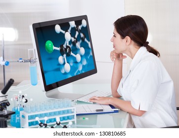 Female Scientist Looking On Computer Screen In Lab