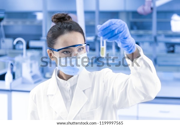 Female scientist looking at the scientific\
sample in the\
laboratory.