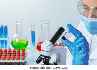 Female Scientist Looking At Test Tube With Blood Sample In Laboratory