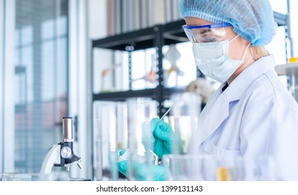 Female scientist testing experiment in a science lab where there are chemical substances and equipment. The researcher is analyzing the medicine related innovation. Bio chemistry concept. Copy space.