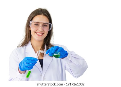 Female Scientist Wearing Blue Safety Glasses And Smiling With Hold Beaker Chemical Isolated With White Background