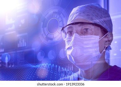 Female scientist wearing lab glasses and protective mask examines data on a transparent digital screen. Concept of innovative technology in medical research, HUD style

