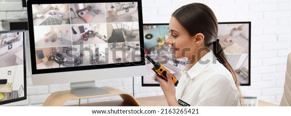 Female security guard with portable transmitter at\
workplace. Banner design
