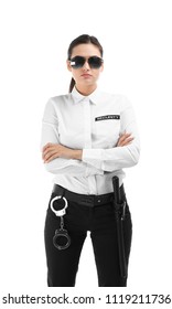 Female Security Guard In Uniform On White Background