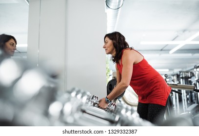 A Female Senior In Gym Doing Exercise With Dumbbells. Copy Space.