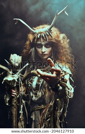 Female shaman in ethnic dress and deer antlers headdress surrounded by fog holds a ritual staff and holds out her hand forward. Fantasy concept, magic. Paganism. Halloween.