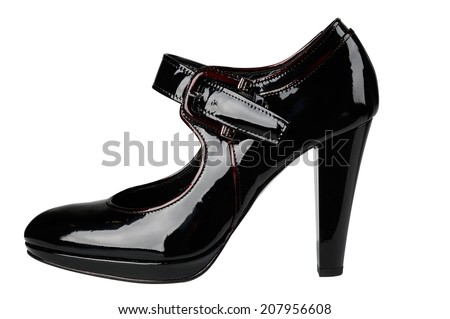 Female shiny black patent-leather shoe with high heel on white background