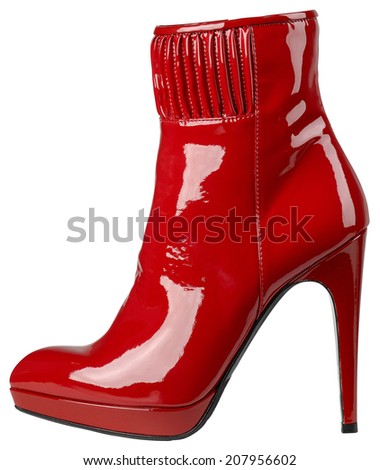 Female shiny red patent-leather shoe with high heel on white background