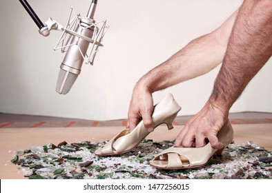 Female Shoes Moved By Male Hands Close To Studio Microphone Over Glass Broken For Foley Woman Steps